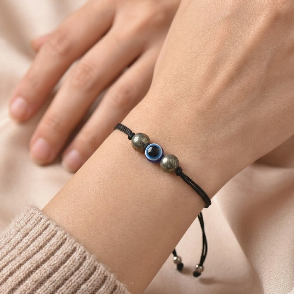 Adjustable Protection Evil Eye Cord Bracelet with Natural Pyrite Gemstones