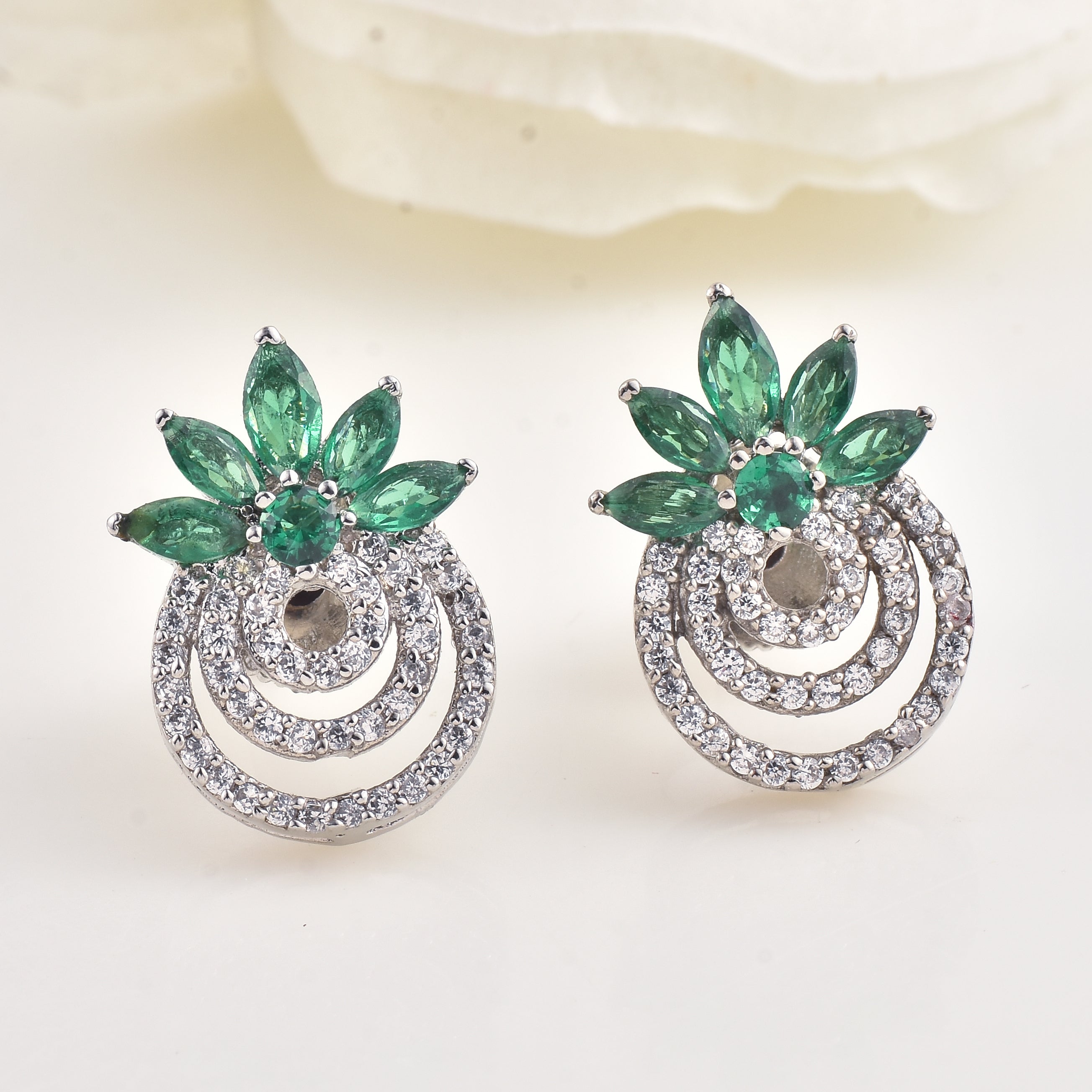 4x2mm Marquise Green CZ Floral Brass Earrings