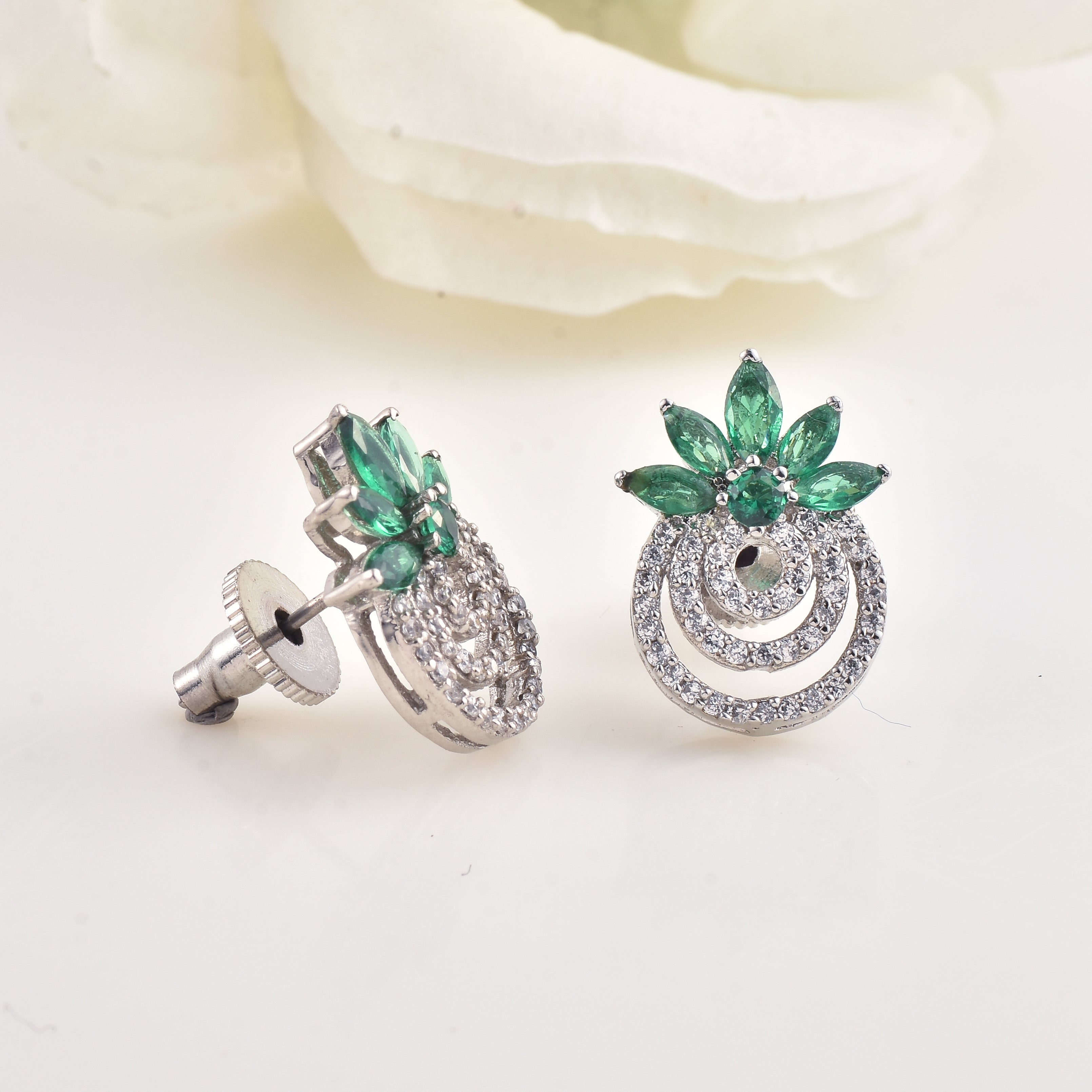 4x2mm Marquise Green CZ Floral Brass Earrings