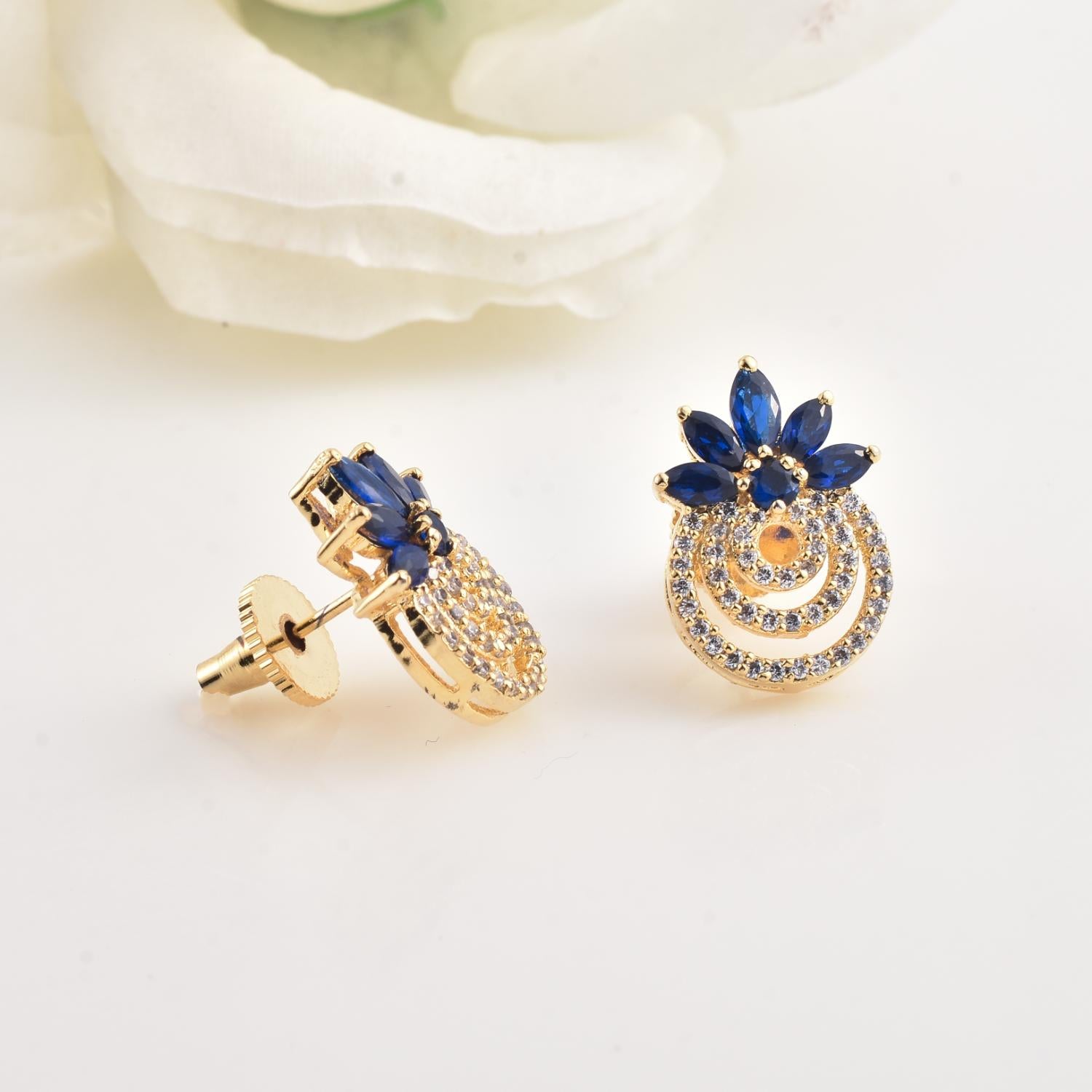 4x2mm Marquise Blue CZ Floral Brass Earrings
