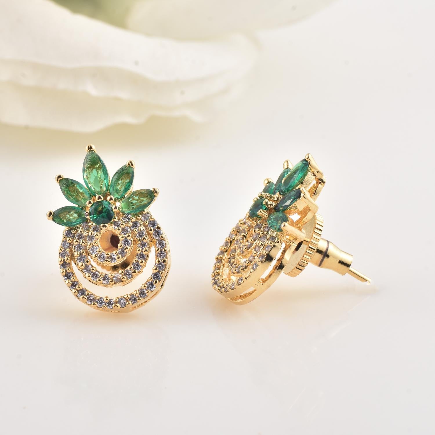 4x2mm Marquise Green CZ Floral Brass Earrings