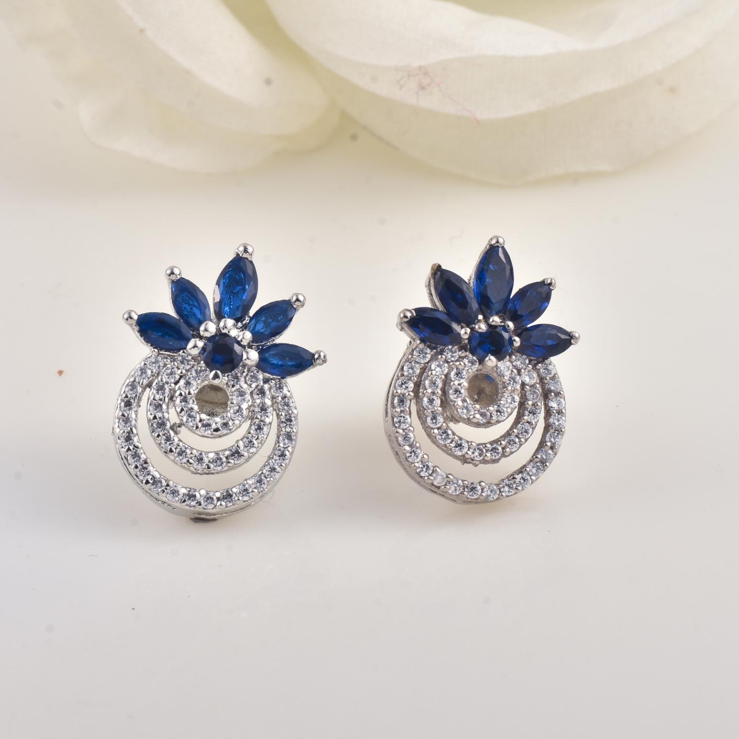 4x2mm Marquise blue CZ Floral Double Halo Stud Brass Earrings