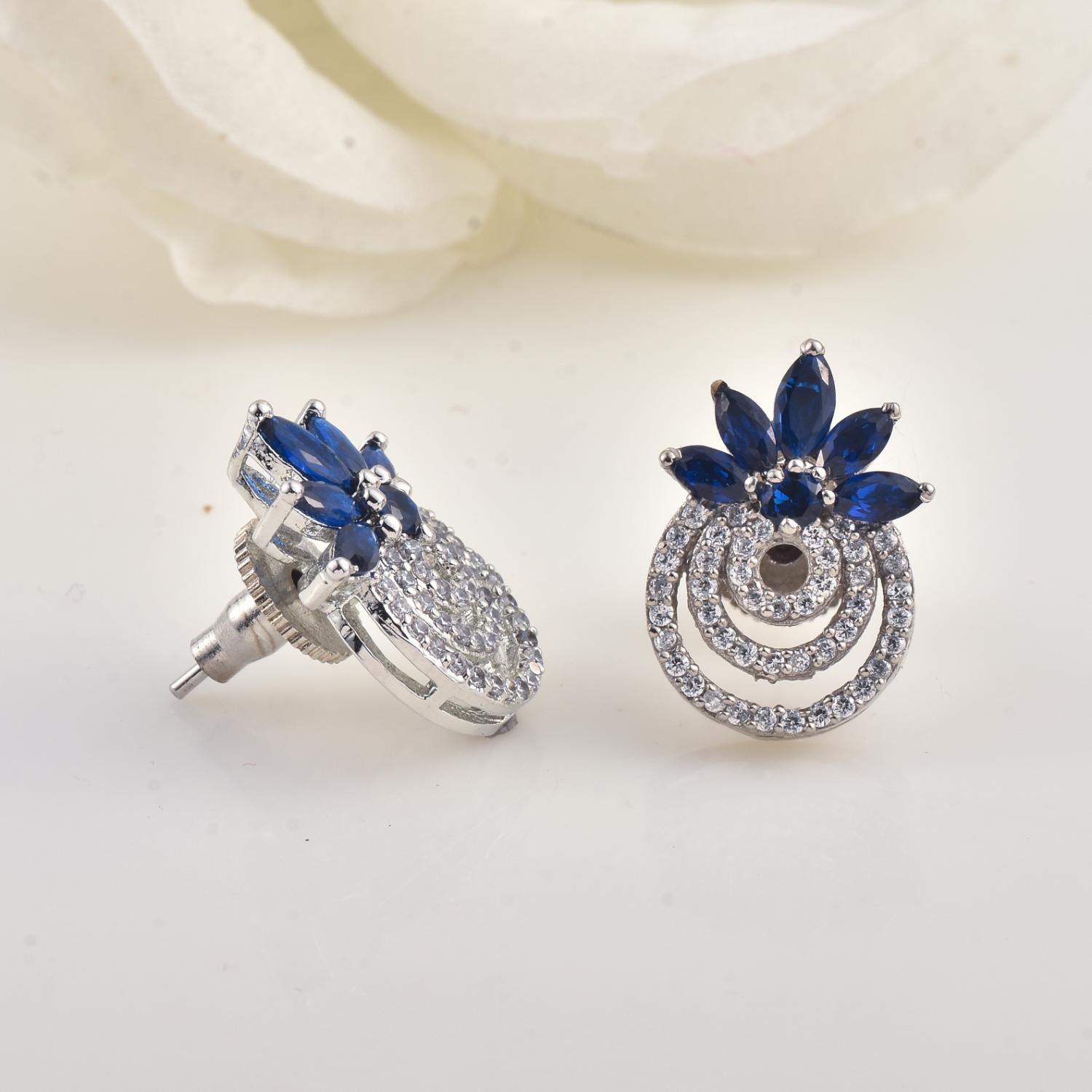 4x2mm Marquise blue CZ Floral Double Halo Stud Brass Earrings