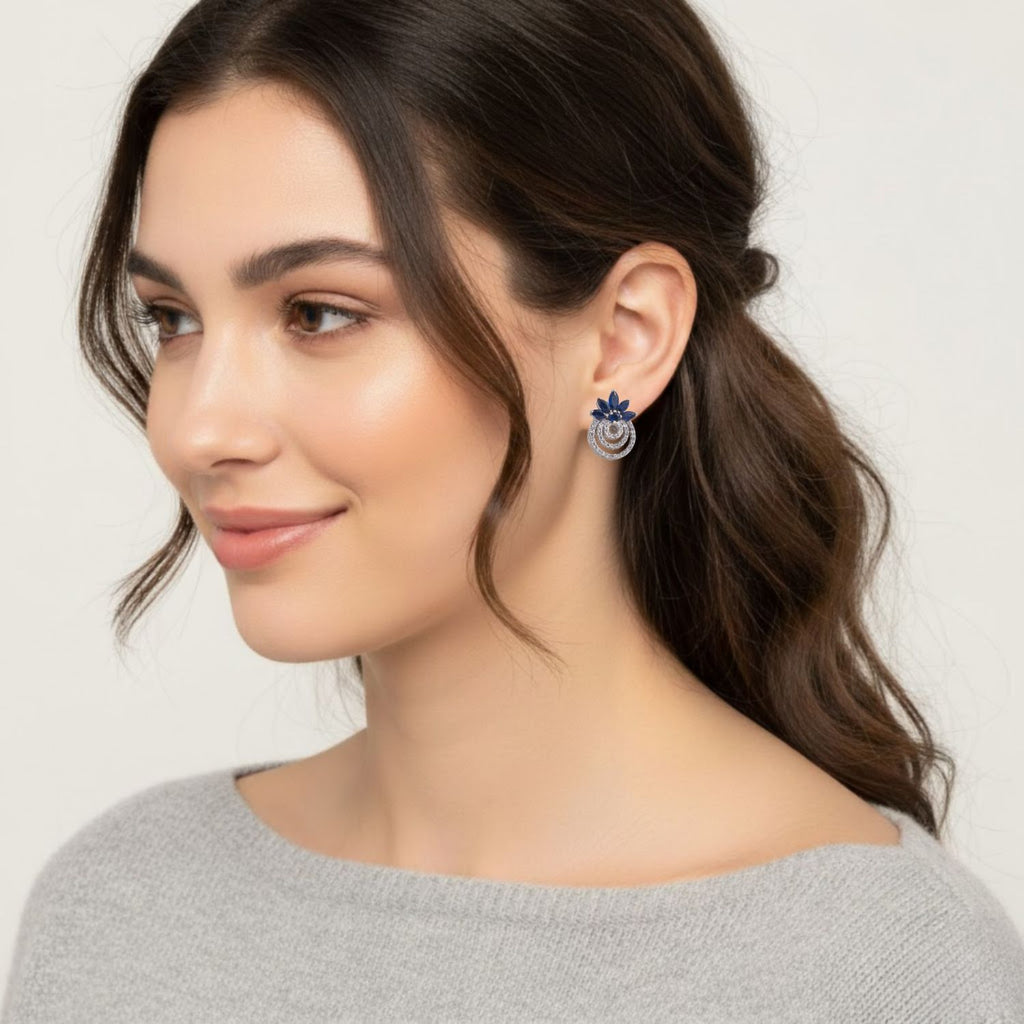 4x2mm Marquise blue CZ Floral Double Halo Stud Brass Earrings