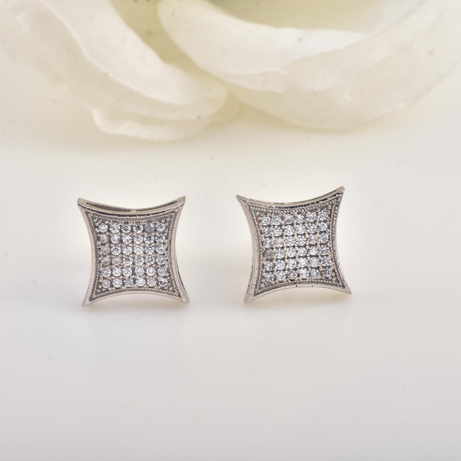 White CZ Micro Pave Square Stud Brass Earrings