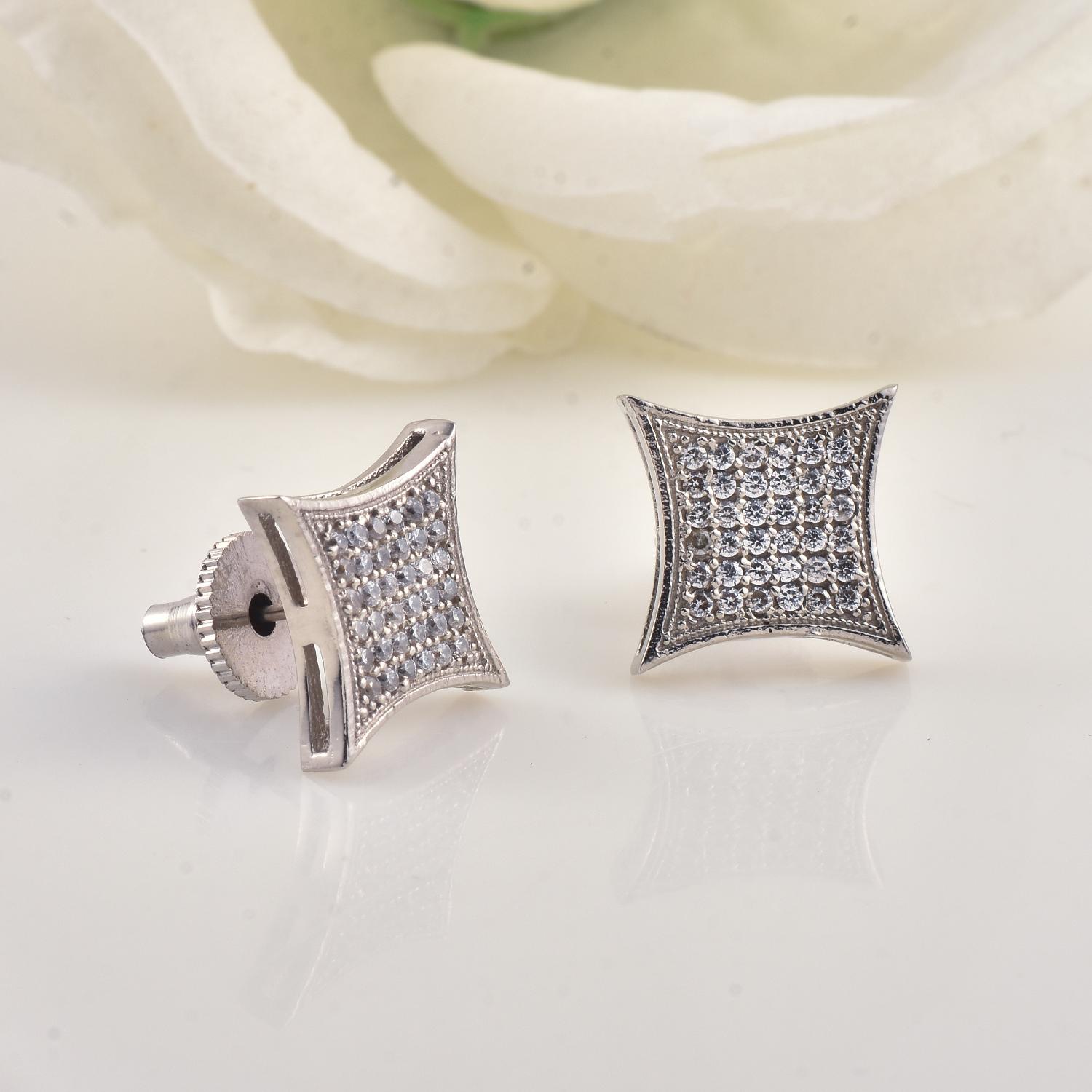 White CZ Micro Pave Square Stud Brass Earrings