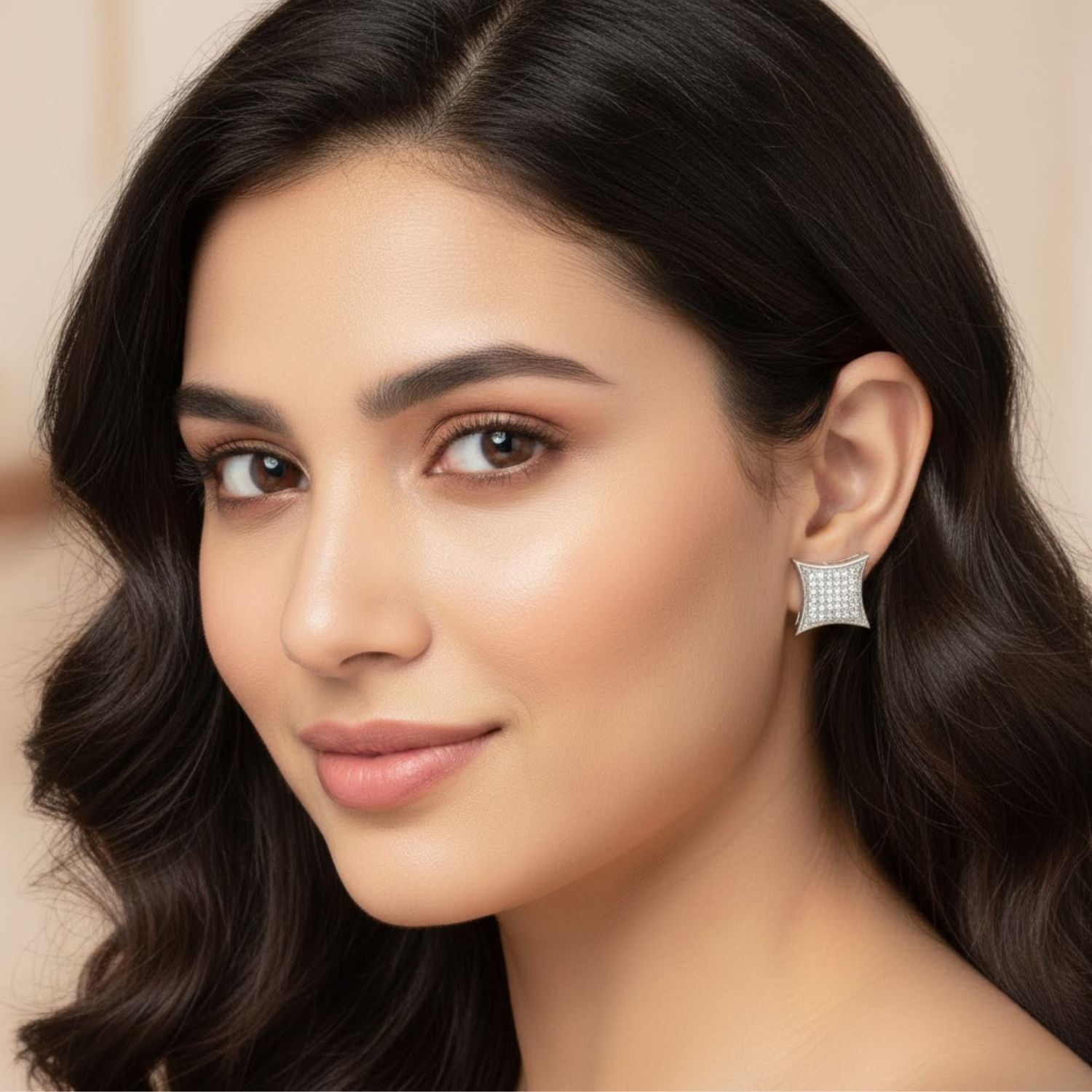 White CZ Micro Pave Square Stud Brass Earrings