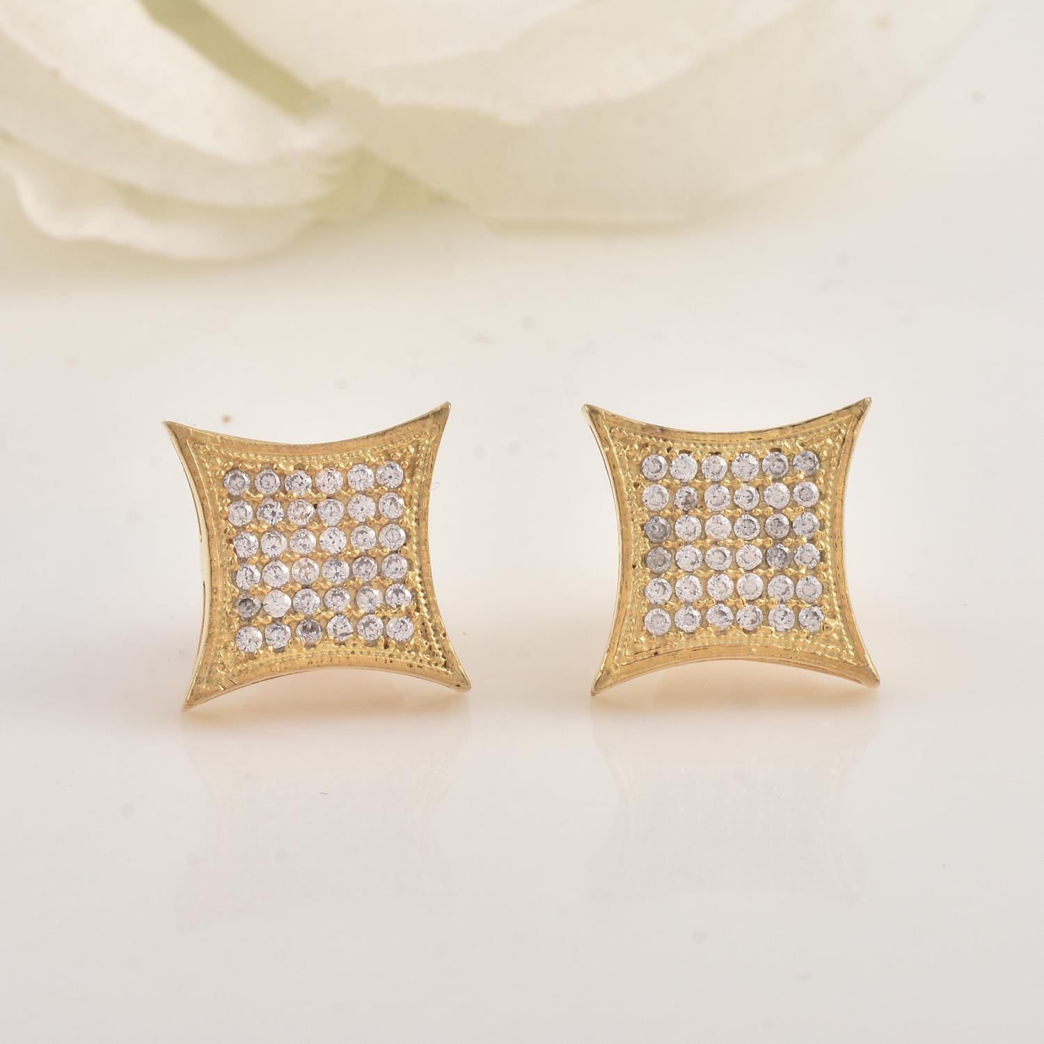 White CZ Micro Pave Square Yellow Plated Stud Brass Earrings