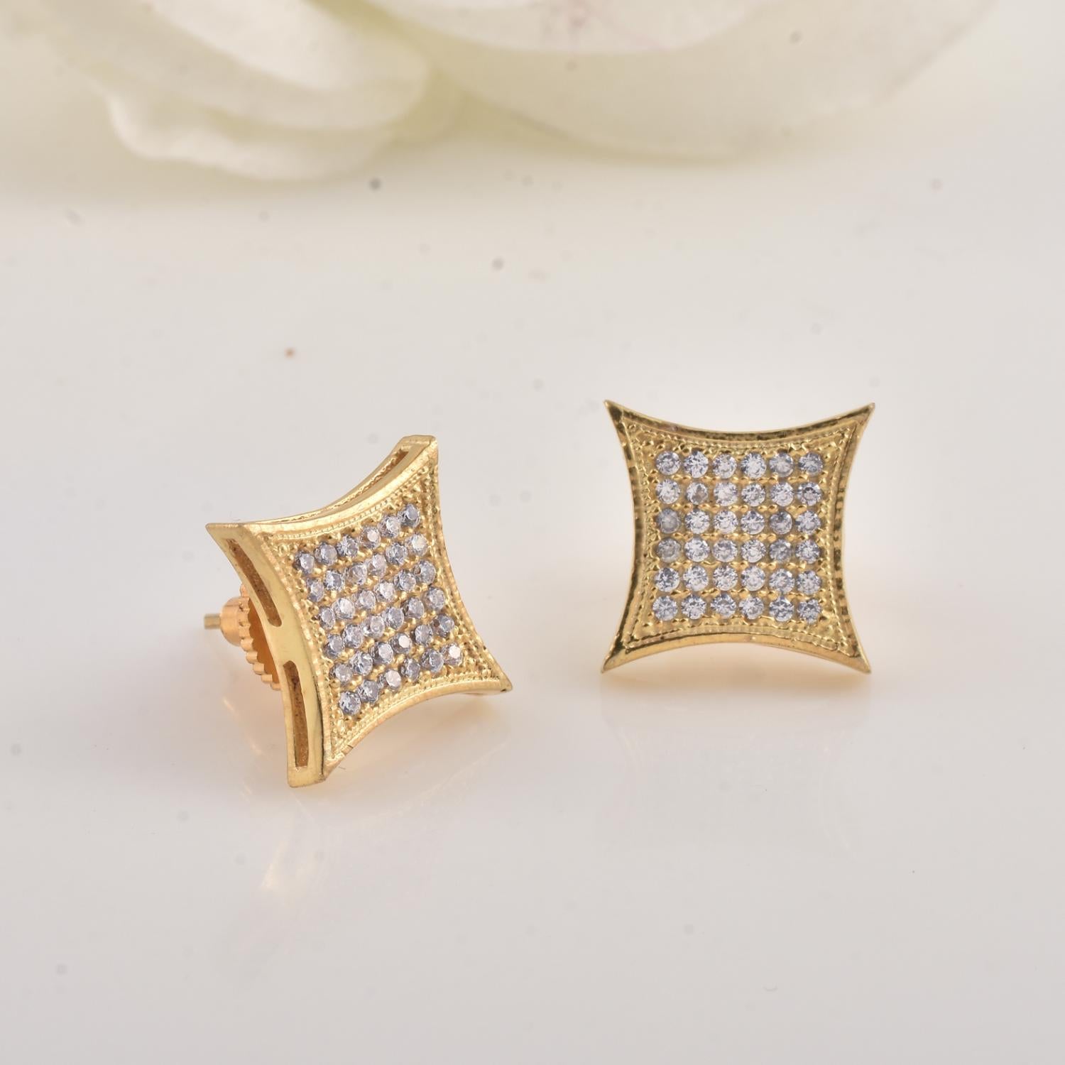 White CZ Micro Pave Square Yellow Plated Stud Brass Earrings