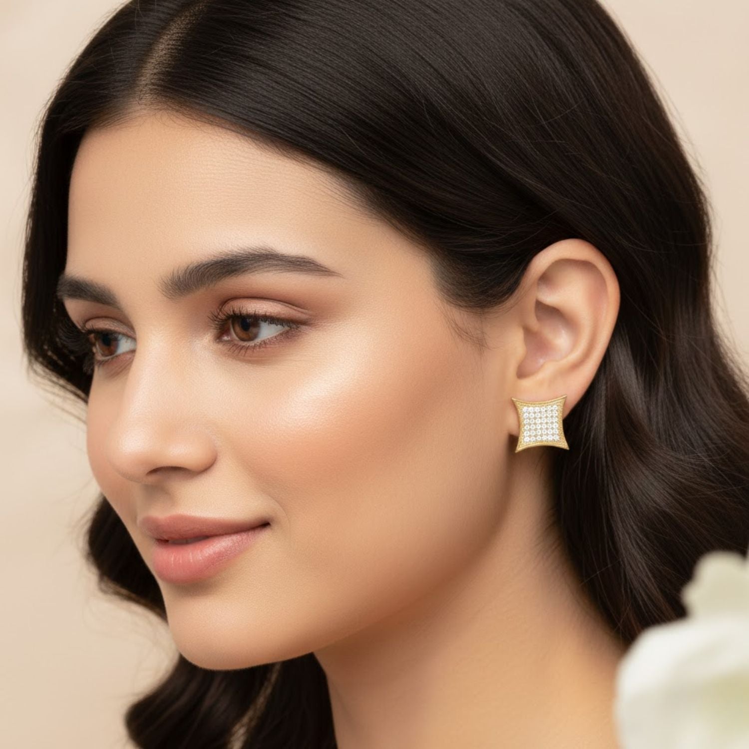 White CZ Micro Pave Square Yellow Plated Stud Brass Earrings