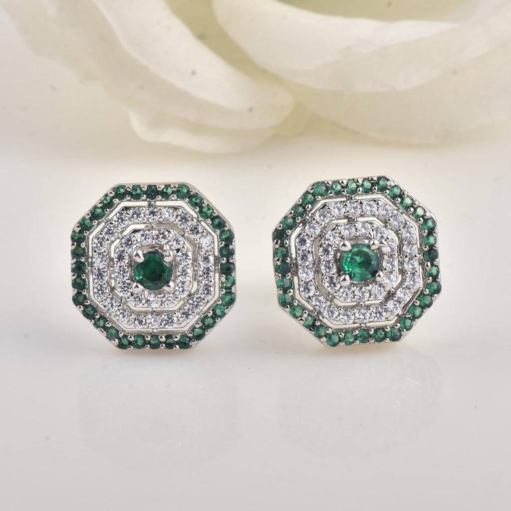 Round Green CZ Octagon Halo Stud Brass Earrings
