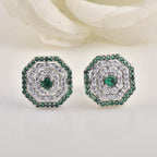 Round Green CZ Octagon Halo Stud Brass Earrings
