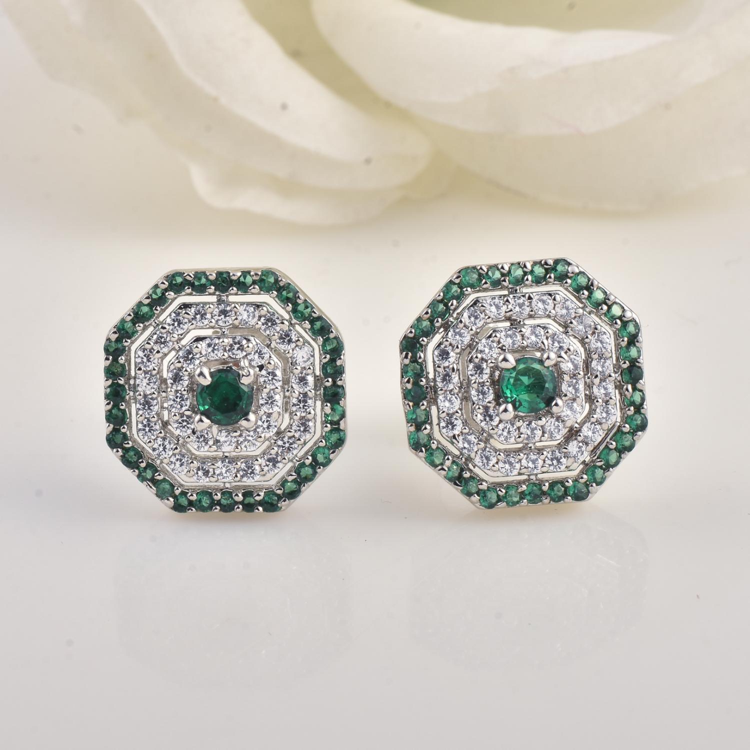 Round Green CZ Octagon Halo Stud Brass Earrings