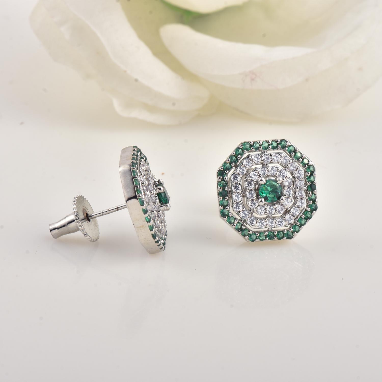Round Green CZ Octagon Halo Stud Brass Earrings