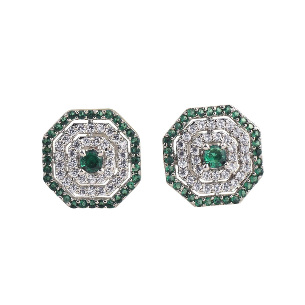 Round Green CZ Octagon Halo Stud Brass Earrings