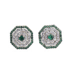 Round Green CZ Octagon Halo Stud Brass Earrings