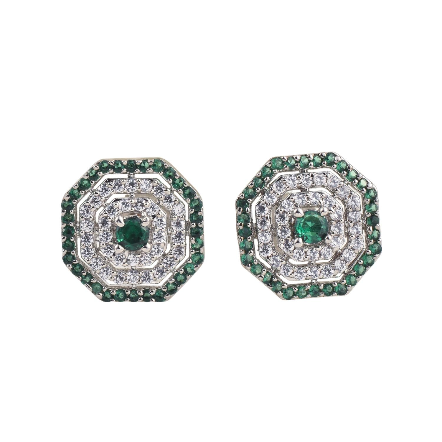 Round Green CZ Octagon Halo Stud Brass Earrings