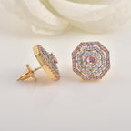 Round Pink CZ Octagon Halo Stud Brass Earrings
