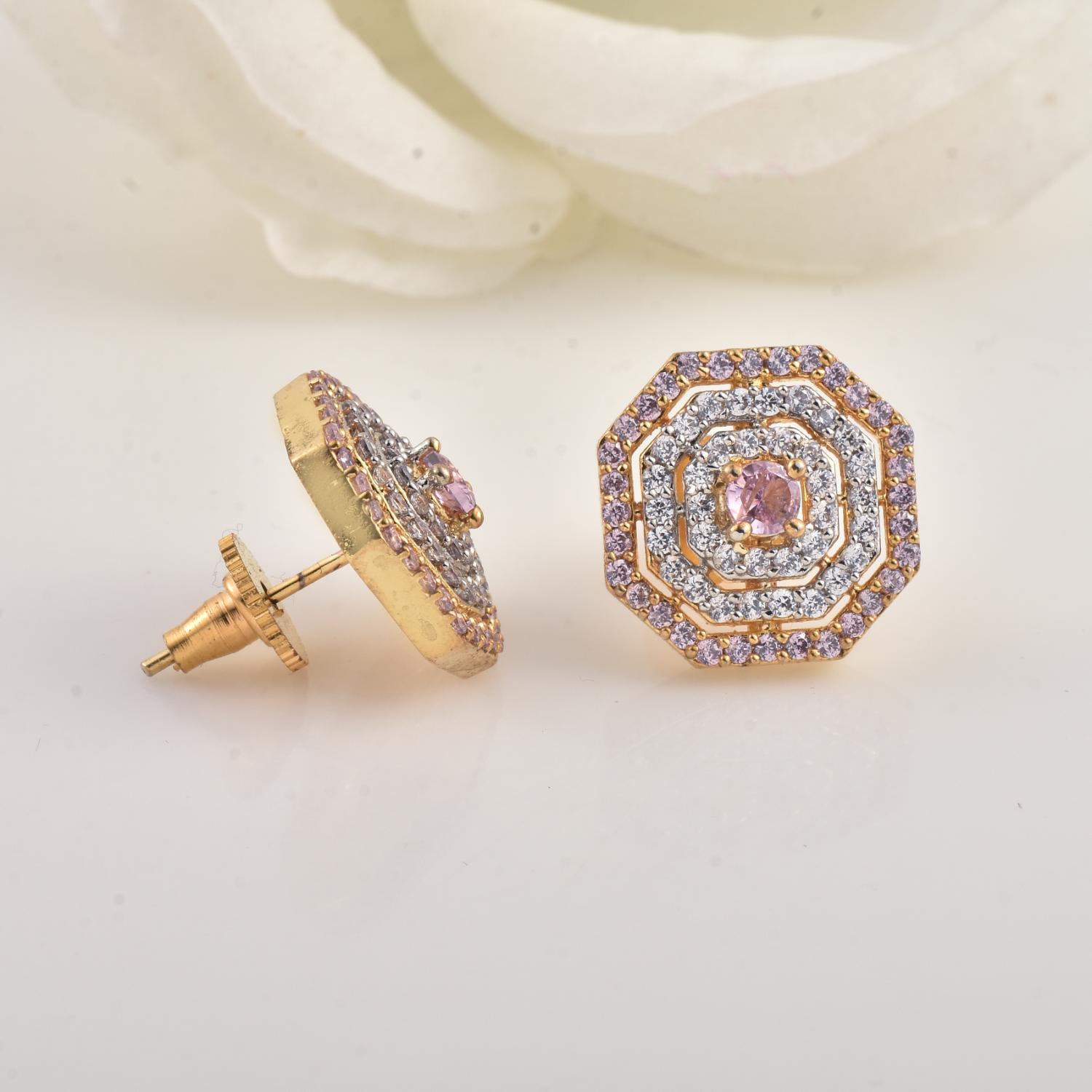 Round Pink CZ Octagon Halo Stud Brass Earrings