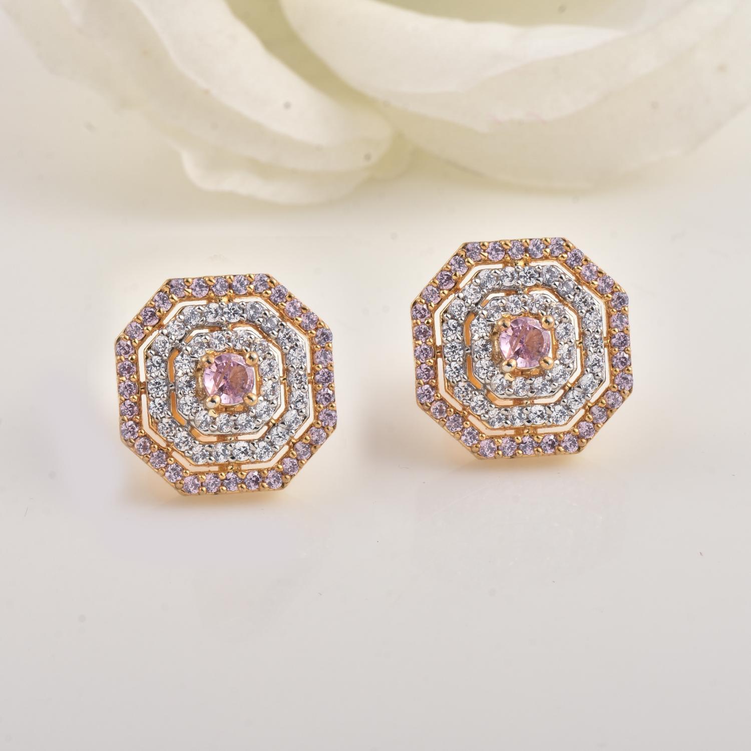 Round Pink CZ Octagon Halo Stud Brass Earrings
