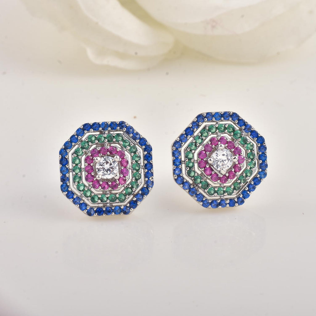 Round Multi Stone CZ Octagon Halo Stud Brass Earrings
