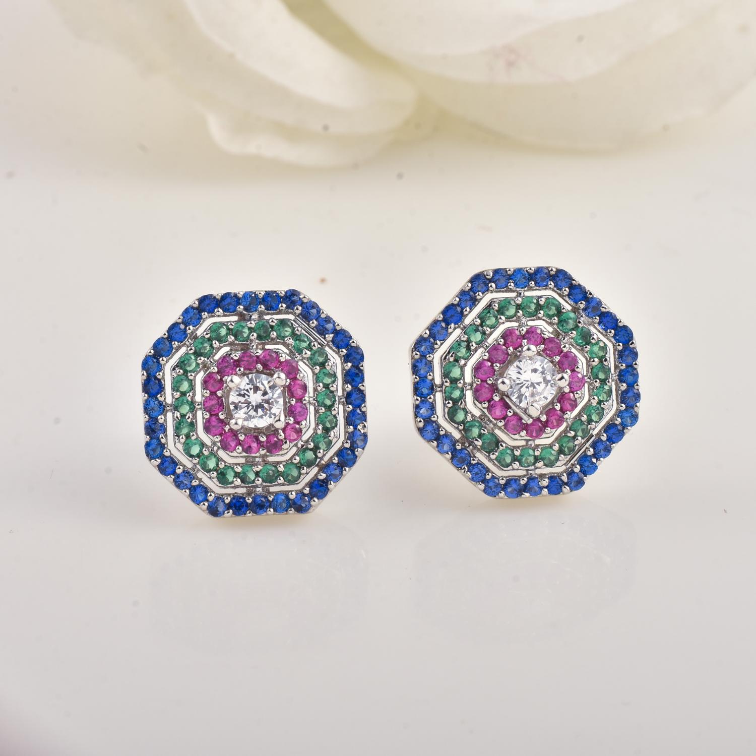 Round Multi Stone CZ Octagon Halo Stud Brass Earrings