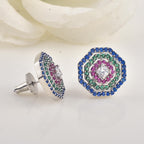 Round Multi Stone CZ Octagon Halo Stud Brass Earrings