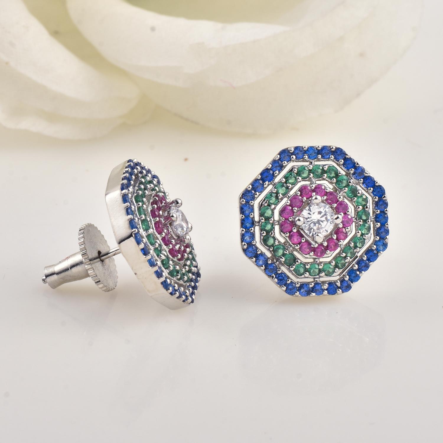 Round Multi Stone CZ Octagon Halo Stud Brass Earrings