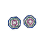 Round Multi Stone CZ Octagon Halo Stud Brass Earrings