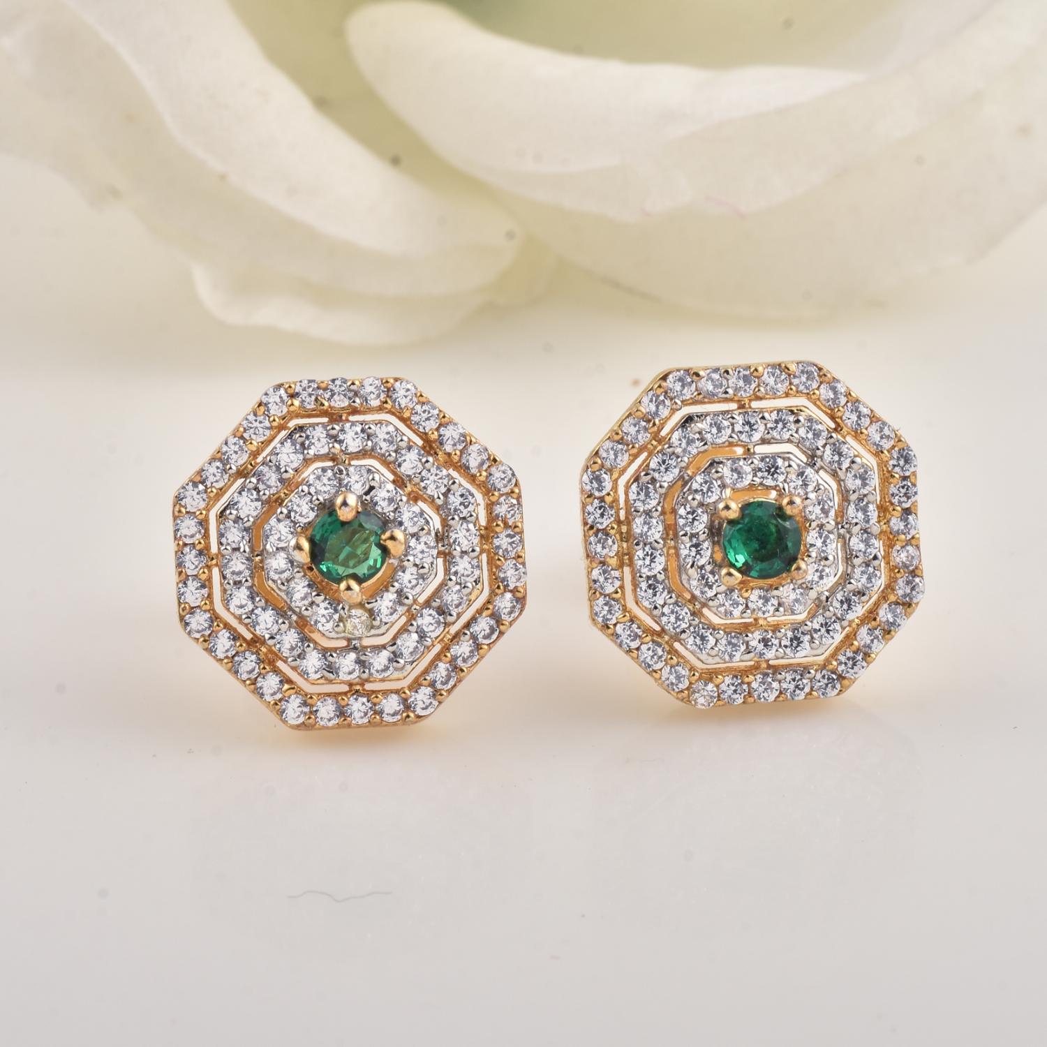 Round Green CZ Yellow Gold Plated Octagon Halo Stud Brass Earrings