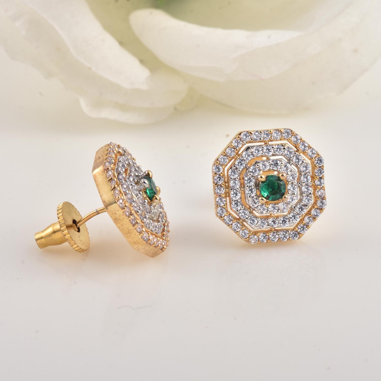 Round Green CZ Yellow Gold Plated Octagon Halo Stud Brass Earrings