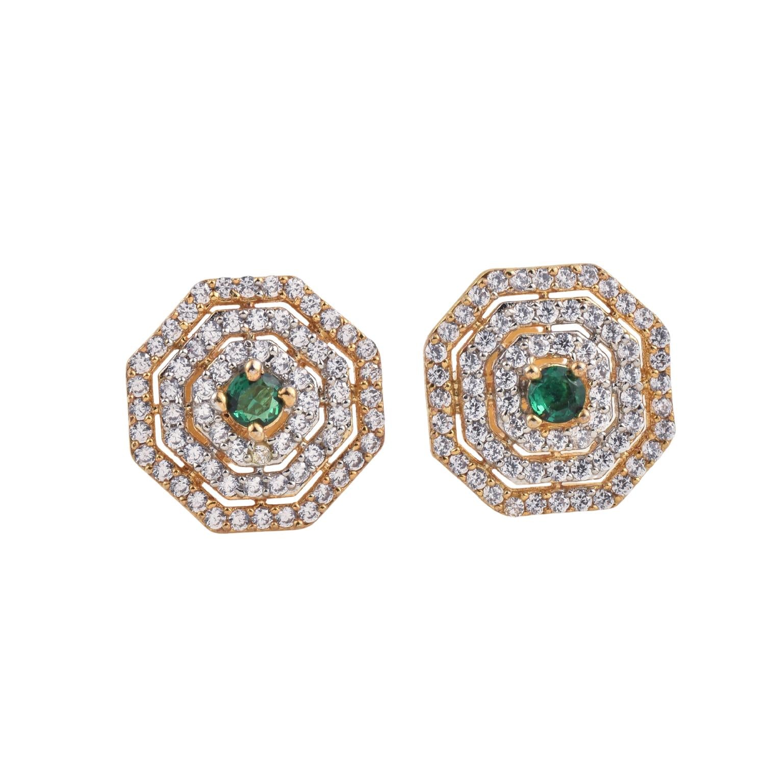 Round Green CZ Yellow Gold Plated Octagon Halo Stud Brass Earrings