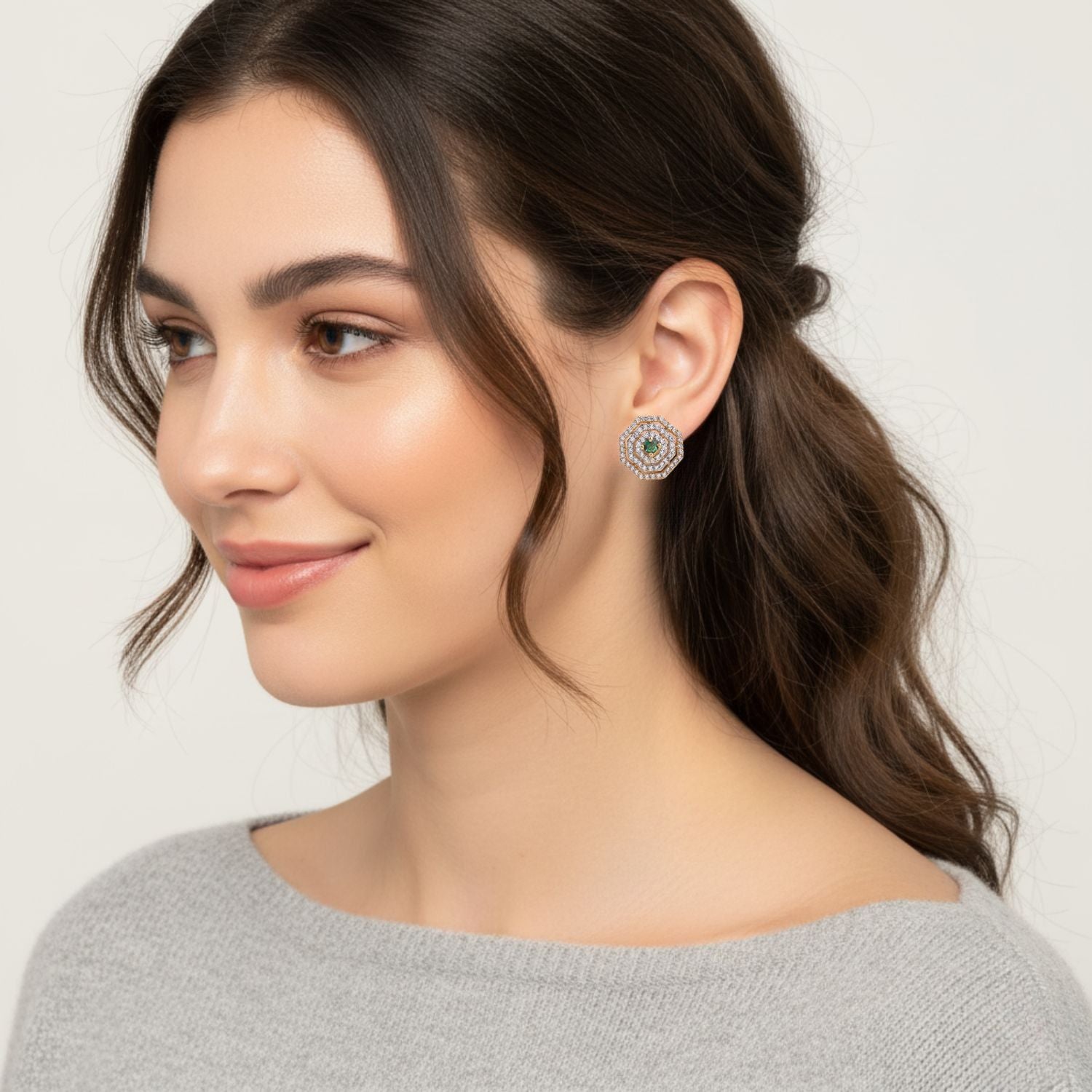 Round Green CZ Yellow Gold Plated Octagon Halo Stud Brass Earrings