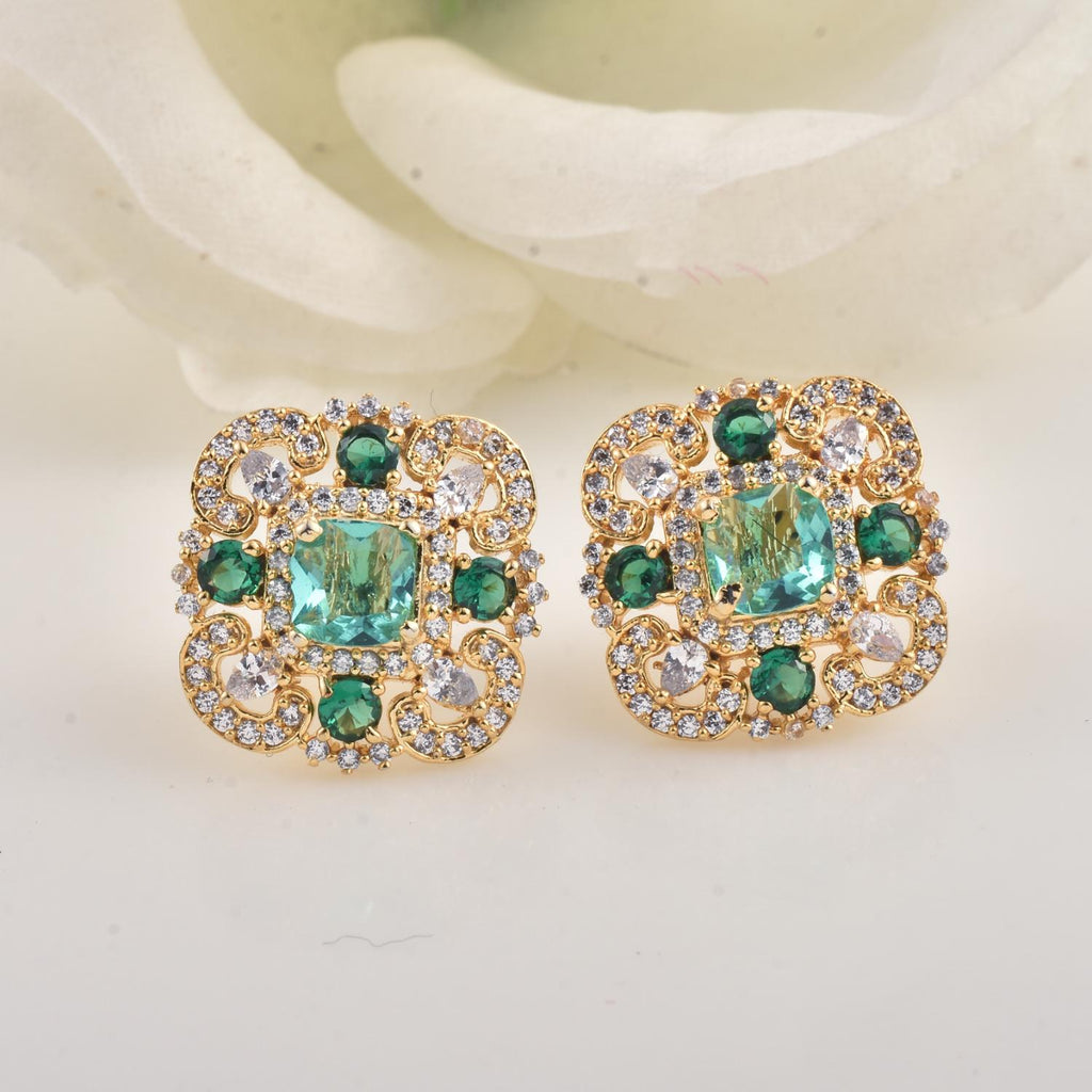 Vintage Floral Halo Green CZ Yellow Gold Plated Brass Stud Earrings