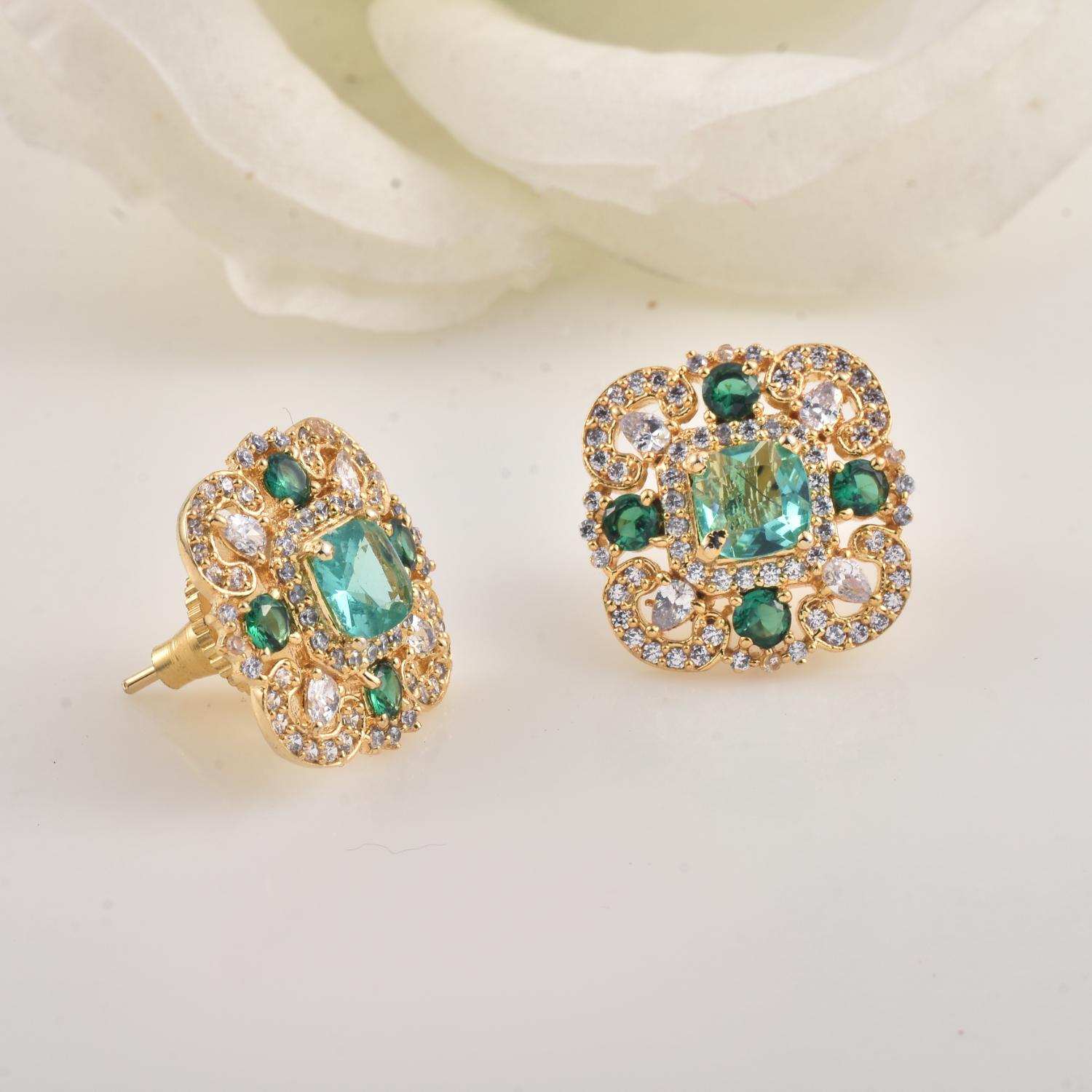 Vintage Floral Halo Green CZ Yellow Gold Plated Brass Stud Earrings
