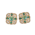 Vintage Floral Halo Green CZ Yellow Gold Plated Brass Stud Earrings