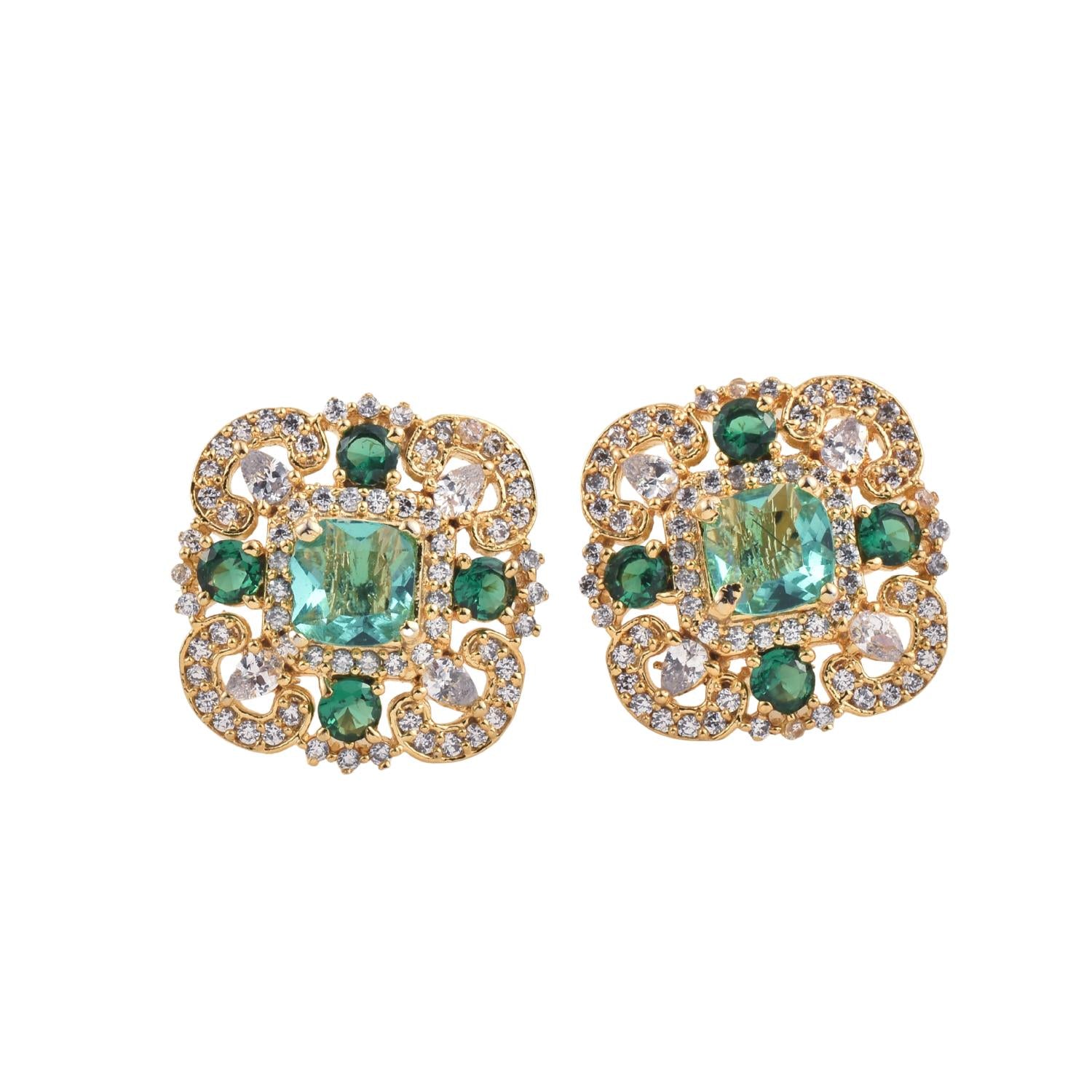 Vintage Floral Halo Green CZ Yellow Gold Plated Brass Stud Earrings