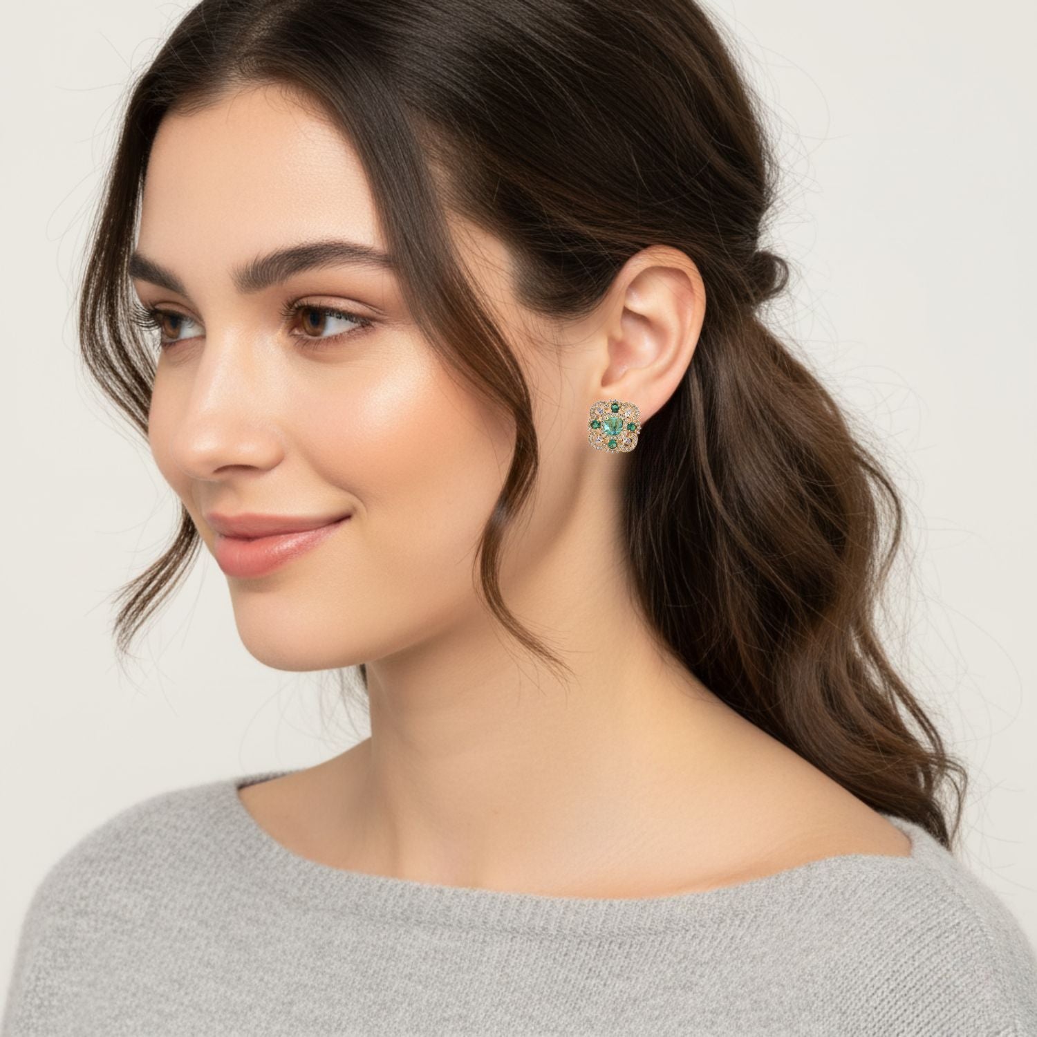 Vintage Floral Halo Green CZ Yellow Gold Plated Brass Stud Earrings