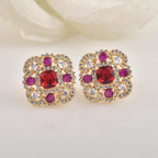 Vintage Floral Halo Red CZ Yellow Gold Plated Brass Stud Earrings
