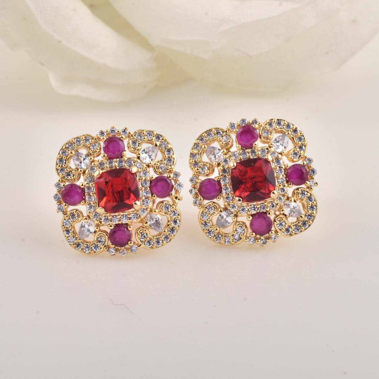 Vintage Floral Halo Red CZ Yellow Gold Plated Brass Stud Earrings