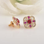 Vintage Floral Halo Red CZ Yellow Gold Plated Brass Stud Earrings