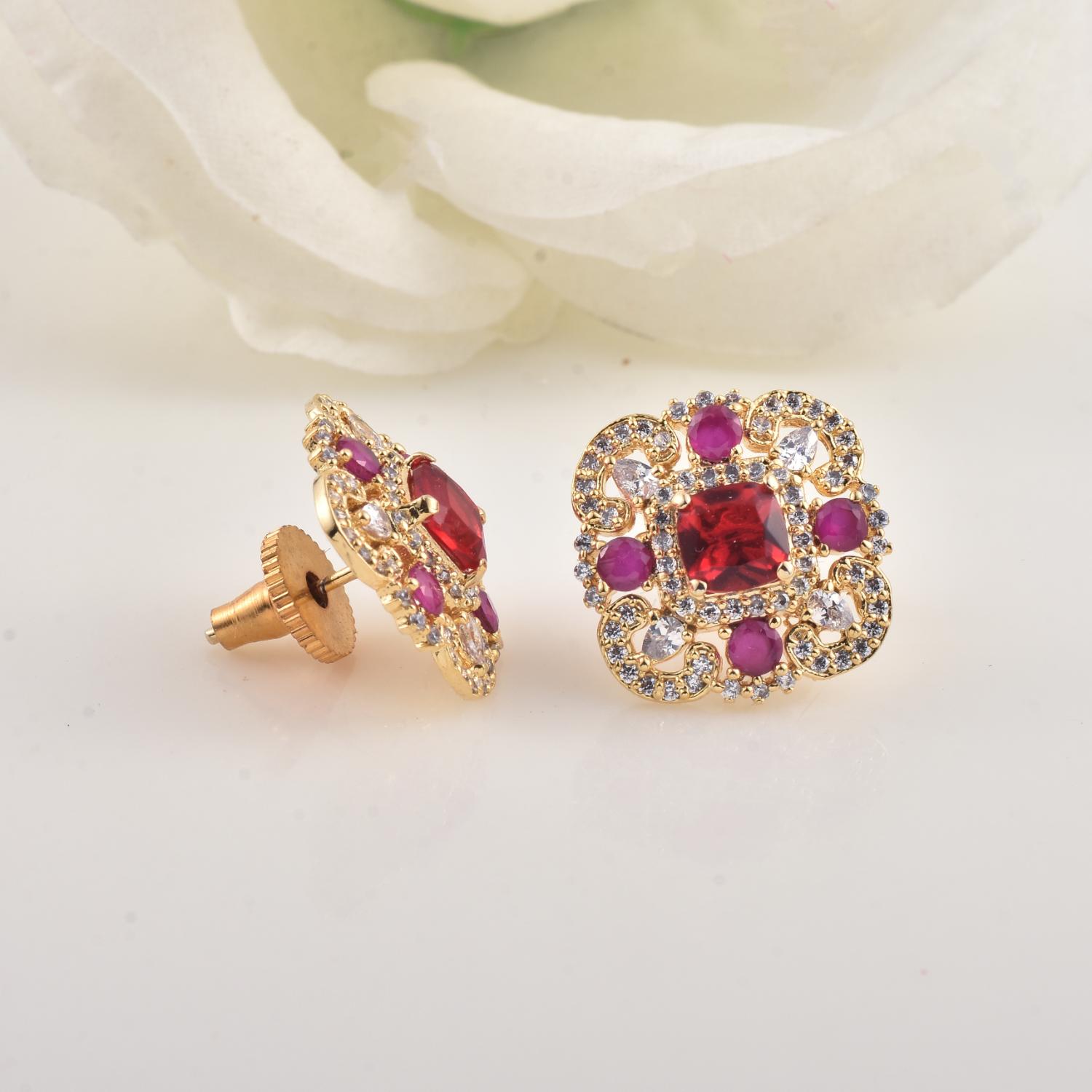 Vintage Floral Halo Red CZ Yellow Gold Plated Brass Stud Earrings
