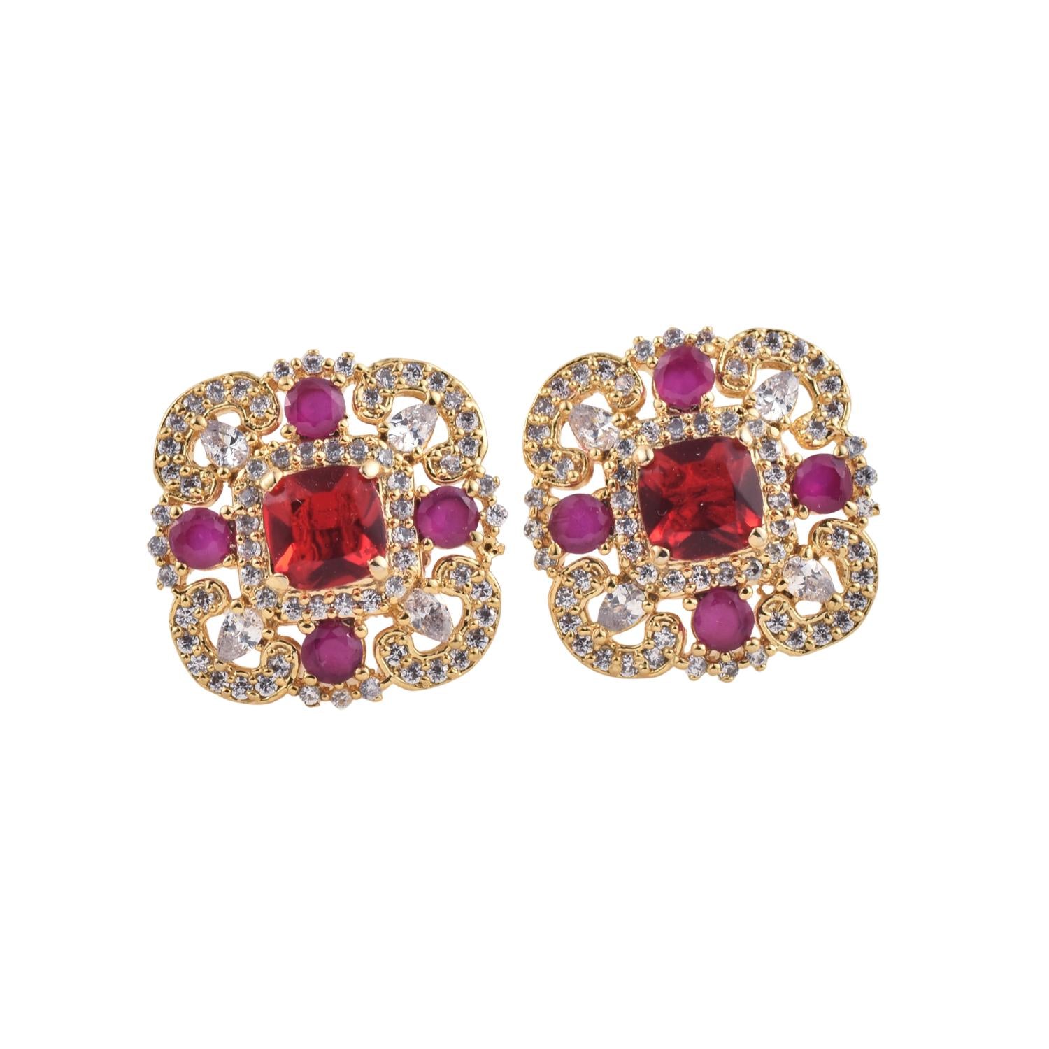 Vintage Floral Halo Red CZ Yellow Gold Plated Brass Stud Earrings