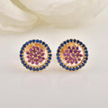 Floral Cluster Halo Pink CZ Yellow Gold Plated Brass Stud Earrings