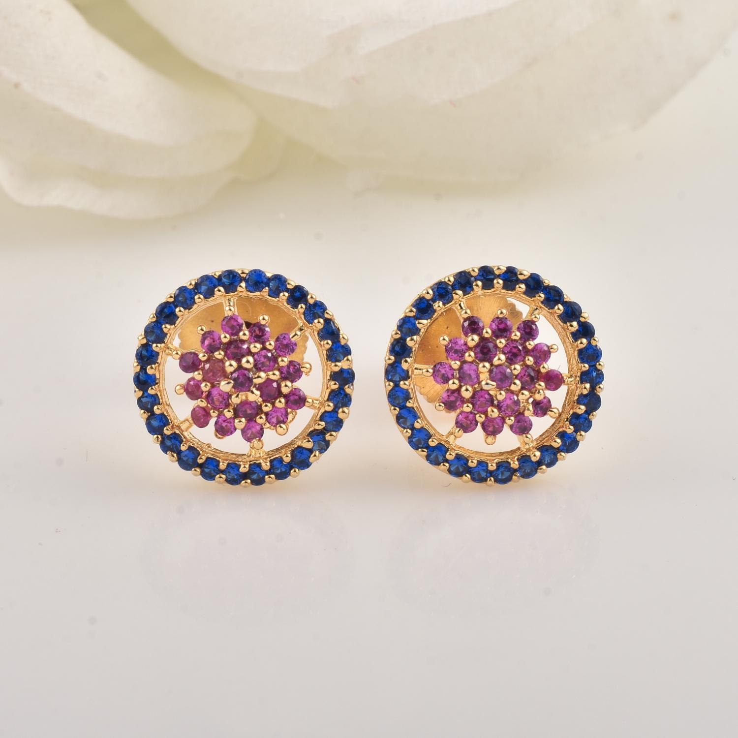 Floral Cluster Halo Pink CZ Yellow Gold Plated Brass Stud Earrings