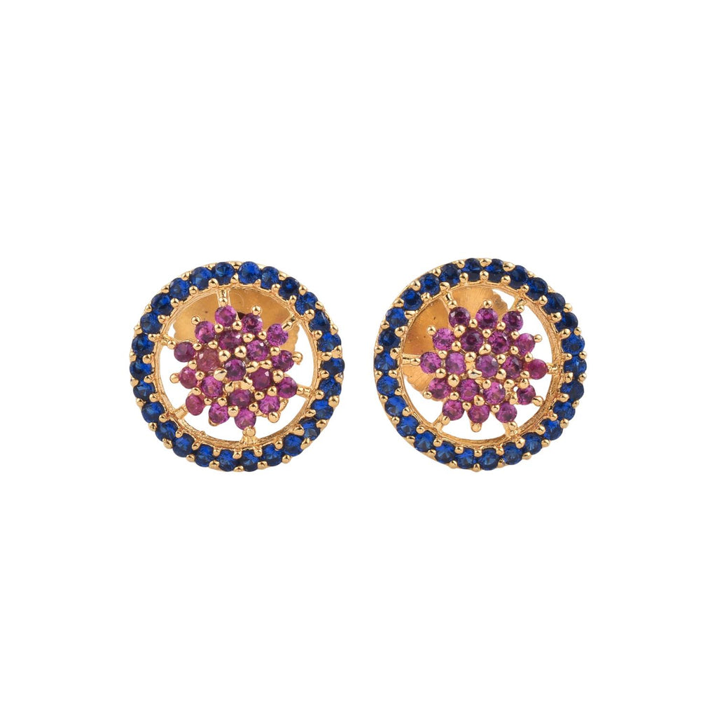 Floral Cluster Halo Pink CZ Yellow Gold Plated Brass Stud Earrings