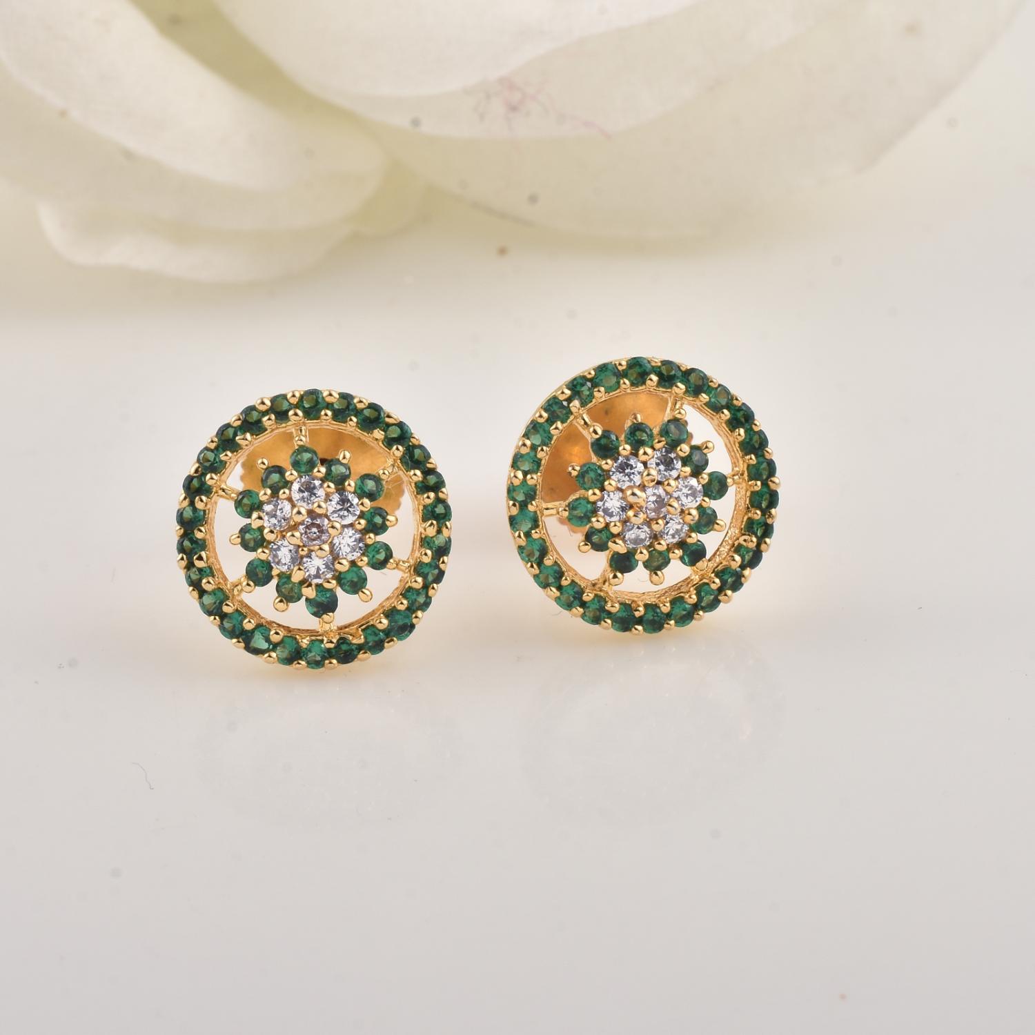 Floral Cluster Halo Green CZ Yellow Gold Plated Brass Stud Earrings