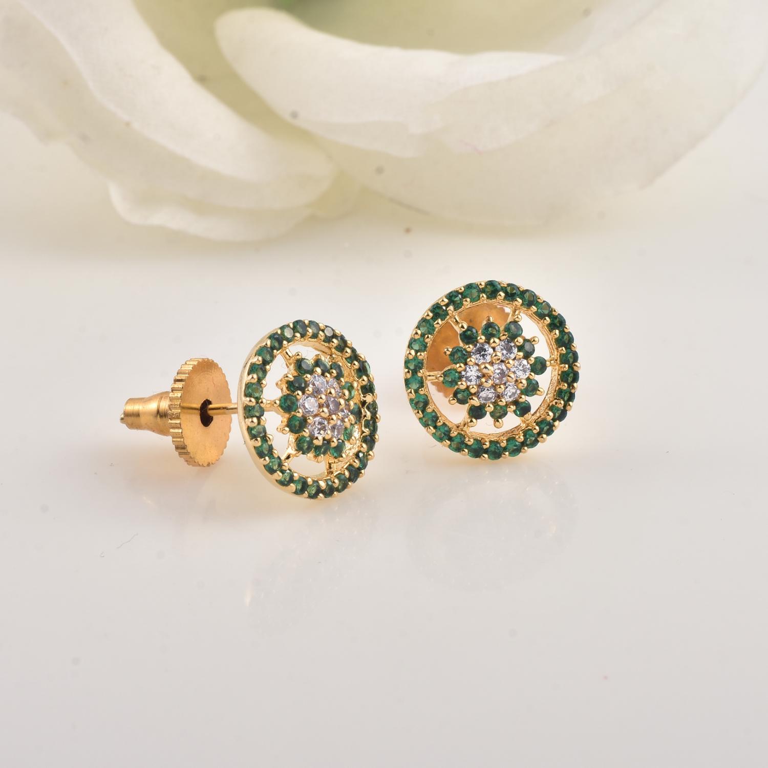 Floral Cluster Halo Green CZ Yellow Gold Plated Brass Stud Earrings