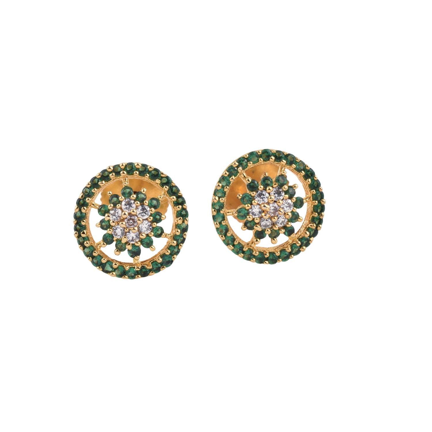 Floral Cluster Halo Green CZ Yellow Gold Plated Brass Stud Earrings