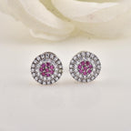 Micro Pave Halo Pink CZ Yellow Gold Plated Brass Stud Earrings